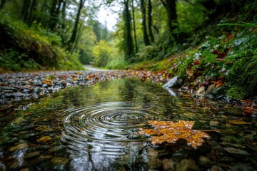 Autumn puddle in a forest path