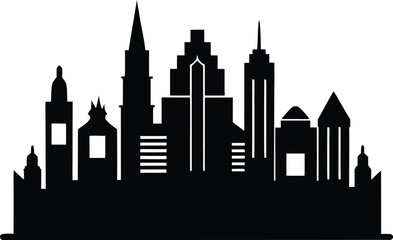 Fototapeta premium Silhouette of a City Skyline with Various Buildings Against a White Background Depicting Urban Architecture and Cityscapes
