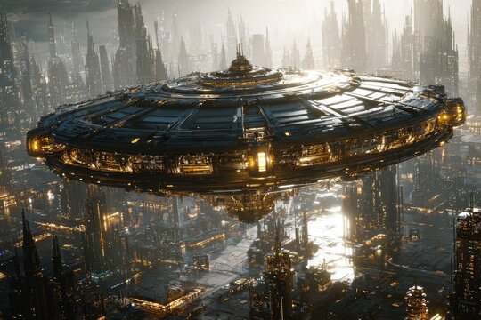 Futuristic cityscape with hovering spacecraft