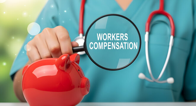 Close Up Doctor Holding Magnifying Glass over Workers Compensation Text on Red Piggy Bank
