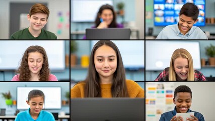 Online learning virtual classroom brings together diverse students engaging through video call technology for interactive education, digital - Powered by Adobe