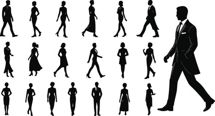Silhouette people walking, fashion models vector, business professional, diverse poses illustration, walking figures, elegant dress, vector silhouettes, black white