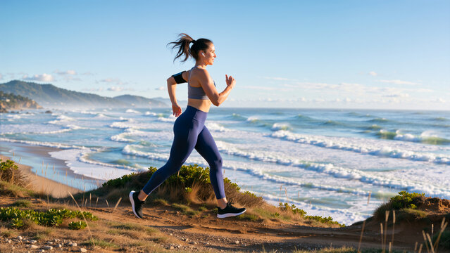 Woman Jogging on a Scenic Coastal Path by the Ocean - Powered by Adobe