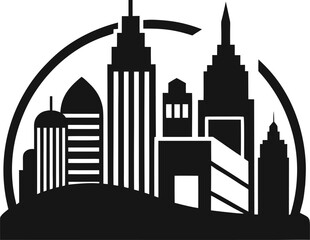 Obraz premium Cityscape Silhouette Emblematic Urban Scene with Dominating Skyscrapers and Arched Design Suggesting Modernity and Architectural Ingenuity in Black and White