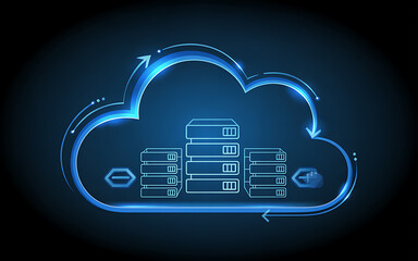 Futuristic blue cloud computing hologram with server racks glowing digital data network technology