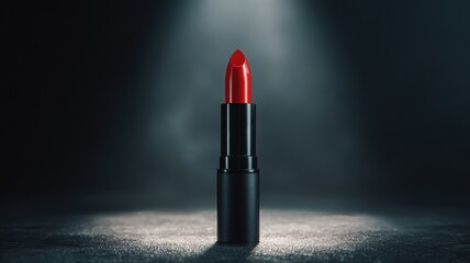 Dramatic spotlight on a single red lipstick tube against a dark background
