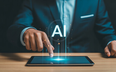 Futuristic ai hologram glowing above tablet interface interacting with technology