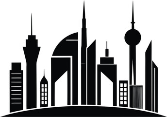 Obraz premium Stylized Cityscape Silhouette with Diverse Architectural Designs and Contrasting Shapes A Modern Black and White Vector Illustration