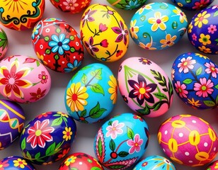 Fototapeta premium Vibrant, intricately decorated Easter eggs, showcasing a spectrum of colors and artistic designs, isolated on a pure white background, Easter eggs, easter decoration, bright colors