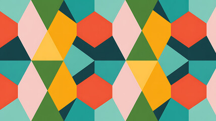 Vibrant geometric seamless pattern with interlocking shapes and bold color palette