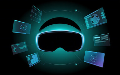 Futuristic glowing vr headset projecting holographic data and interfaces in a digital environment