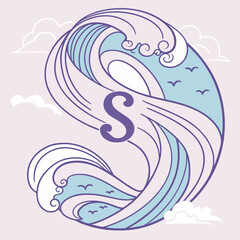 Vector art of letter s in a wave, a nautical themed monogram with an ocean wave and cloud