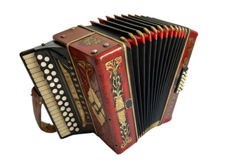 Antique red, black and gold accordion on an isolated transparent background.