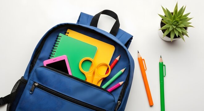 Back to school essentials A blue backpack filled with notebooks, scissors, pens, pencils, and a smartphone, plus a small potted plant
