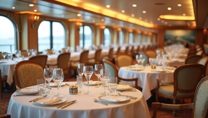 Elegant ocean view dining room on luxury cruiseship. Set tables in Country Club interior design style with ambient lighting. Formal restaurant, luxury liner, interior design, banquet hall, pleasant