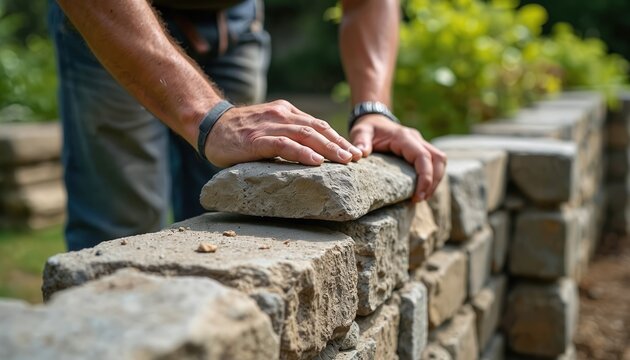 Mason hands carefully place stone to build garden wall. Outdoor home improvement project involves masonry restoration, landscaping. Skilled worker uses natural materials for renovation, construction.