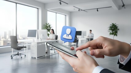 Modern Office Environment with Person Icon Overlay on a Smartphone Screen Held by a Person in the Foreground