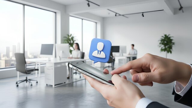 Modern Office Environment with Person Icon Overlay on a Smartphone Screen Held by a Person in the Foreground