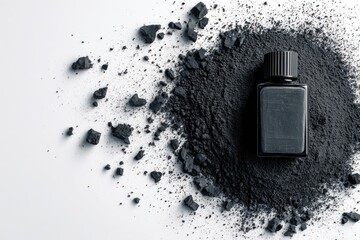 Dark cosmetic powder surrounding a small dark bottle