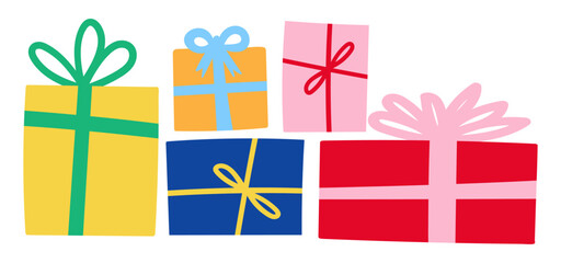 group of five colorful wrapped presents in simple flat color style on a transparent background