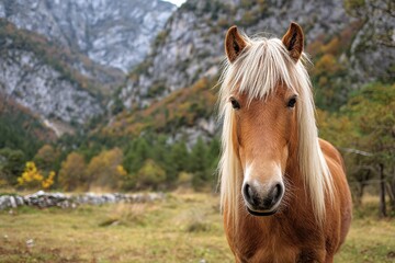 Obraz premium Majestic horse stands proudly in serene mountain landscape during autumn in the countryside