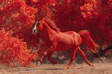Majestic horse galloping through vibrant red foliage in an enchanting autumn landscape
