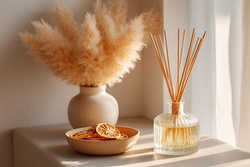 Matte glass reed diffuser with pampas grass and dried oranges on cozy table, warm golden home styling