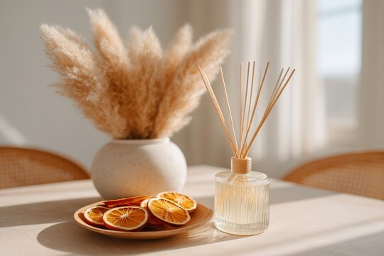 Matte glass reed diffuser with pampas grass and dried oranges on cozy table, warm golden home styling