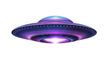 Purple ufo flying saucer isolated on transparent background in the sky at night