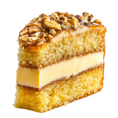 Layered Cake Slice with Cream Filling and Walnut Topping