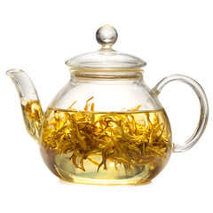 Leaf Tea Steeping in a Clear Glass Teapot isolated on a transparent background.