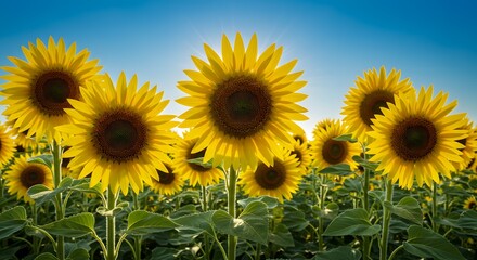 Obraz premium A field of bright yellow sunflowers blooming under a clear blue sky on a sunny summer day landscape view