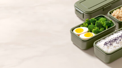 Healthy nutrition lunch box with boiled egg broccoli and rice for world nutrition day celebration with fresh ingredients and balanced meal