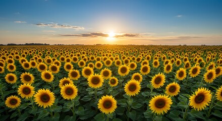 Fototapeta premium Sunflower field under a vibrant sky at sunset with rows of yellow flowers stretching to the horizon