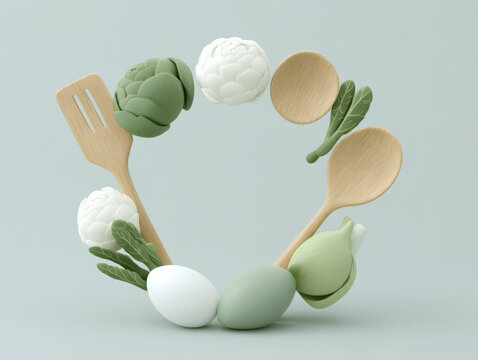 Wooden kitchen spoon spatula green egg white vegetable artichoke nutrition world day healthy cooking concept - Powered by Adobe