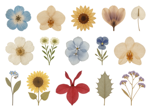 PNG Colorful botanical flower illustrations, element set on transparent background