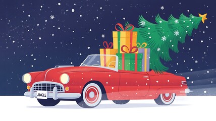 Vintage Red Car Carrying Christmas Tree and Gifts Through Snowy Night Illustration
