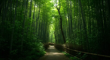 Obraz premium Pathway through a dense bamboo forest with a wooden fence on either side leading into the distance