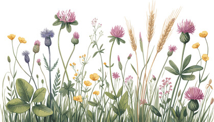 Wildflower meadow with thistles, clover, wheat stalks, yellow blossoms, green grass, botanical illustration, nature, summer garden, blooming plants, floral scene