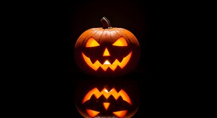 Fototapeta premium Glowing Jack-o'-lantern on black background; spooky, Halloween, autumn, dark, scary, reflective surface.