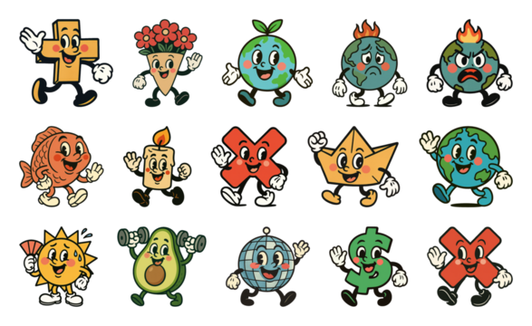 PNG Colorful cartoon characters with emotions, element set on transparent background