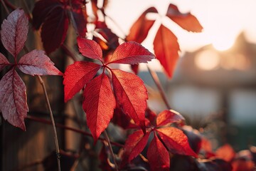 Vibrant red leaves catching the warm glow of sunset during autumn
