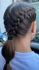 Naklejka premium A woman with a braided hairstyle and a ponytail wearing a white shirt and gold hoop earrings