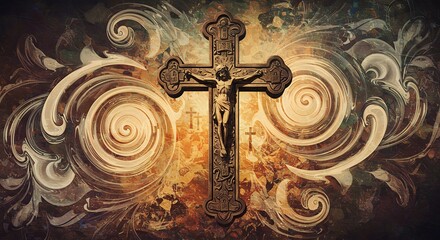Detailed depiction of a crucifix with intricate ornamentation and symbolic background