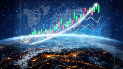 A stunning visualization of a financial chart overlaying Earth, showcasing an upward market trend and reflecting the future of finance and investment opportunities. Copula
