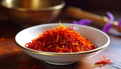 Fototapeta premium A close-up view of vibrant saffron threads nestled in a white bowl, showcasing its rich color and textures.