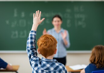 Student raising hand in class