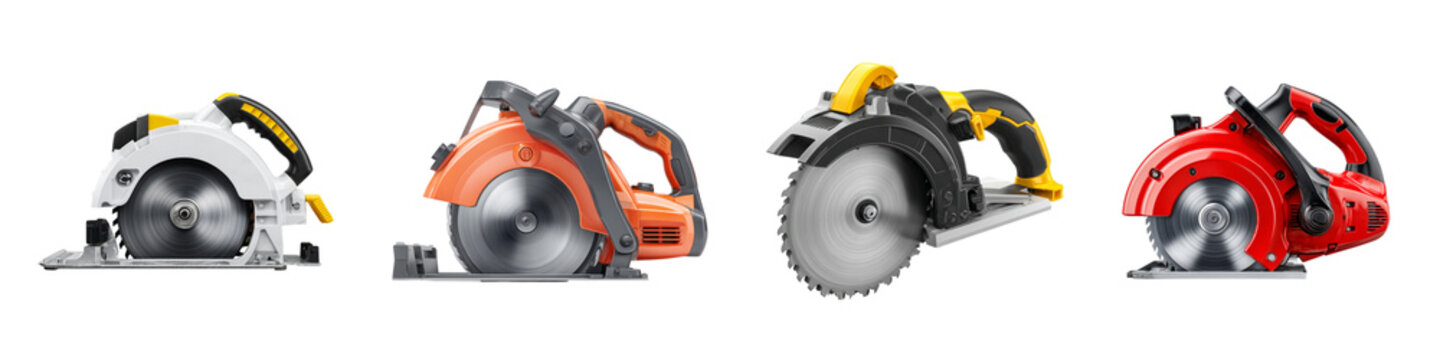 Collection of Circular Saws for Various Cutting Tasks isolated on transparent background.