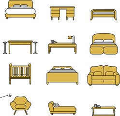 Minimalist yellow furniture icons set, beds, sofas, chairs, desks, crib, living room and bedroom, modern home interior design