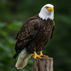 Fototapeta premium AI-Generated image of a majestic bald eagle perched on a weathered wooden stump, captured in sharp detail.